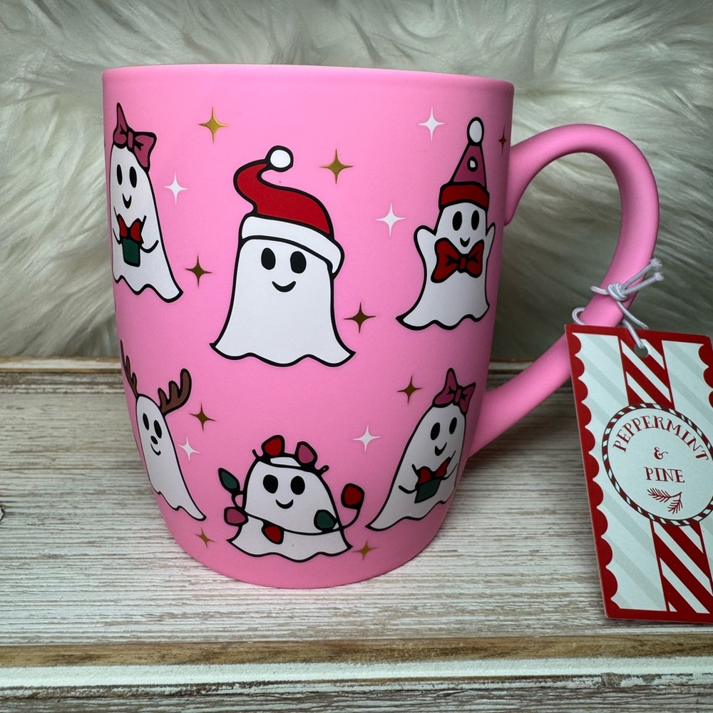 Pink Santa Ghost Mug; Peppermint & Pine